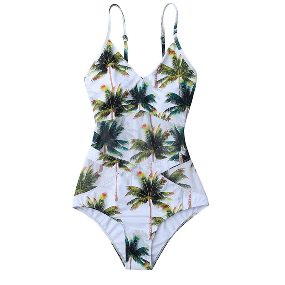 White palm tropical mesh one piece swimsuit - Picture 1 of 4